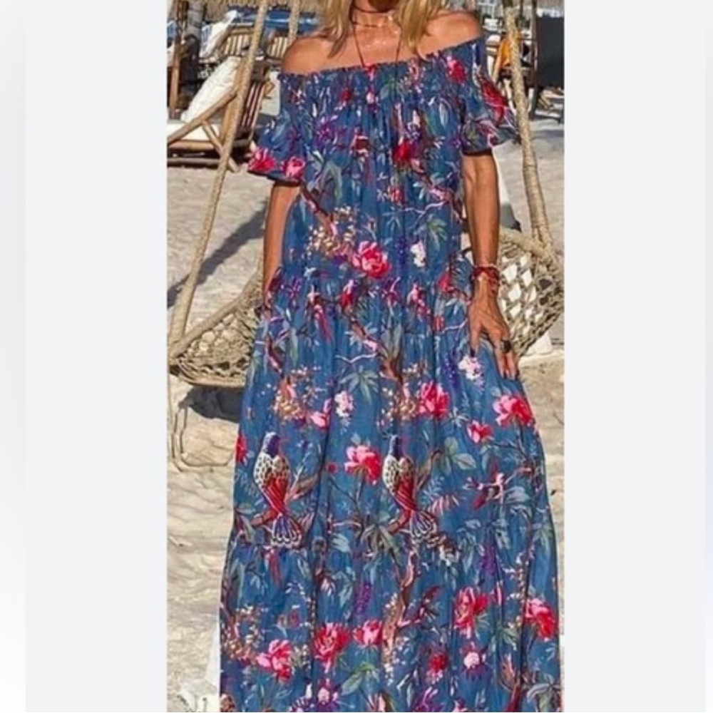 Guadalupe Design SZ LGE Smocked Blue Floral Bird print off shoulder‎ maxi dress